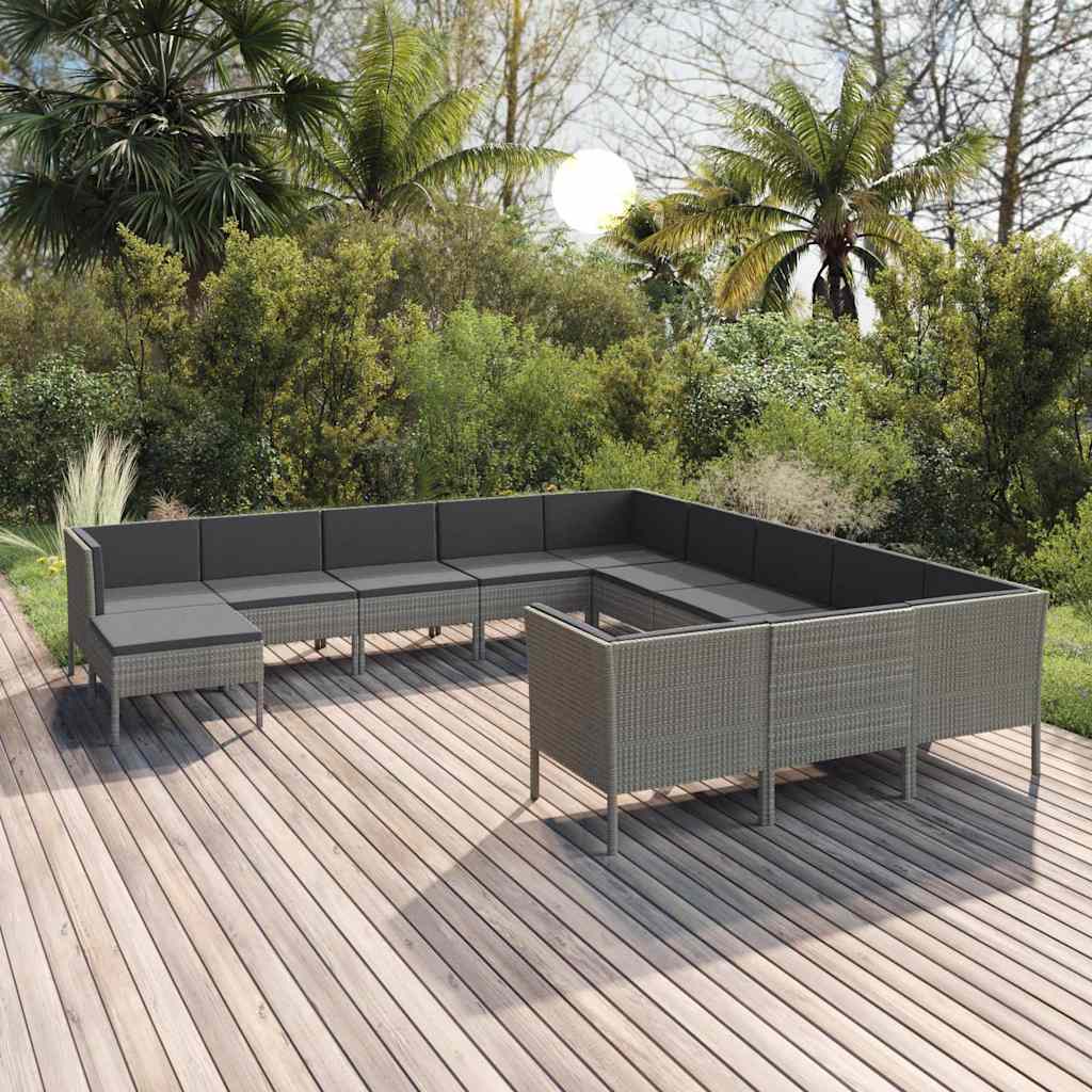 12-tlg. Garten-Lounge-Set mit Auflagen Poly Rattan Grau