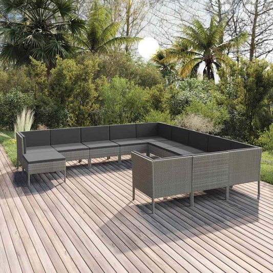 12-tlg. Garten-Lounge-Set mit Auflagen Poly Rattan Grau