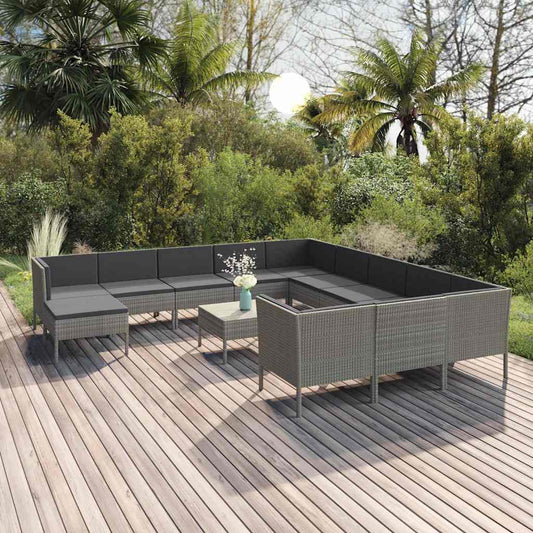13-tlg. Garten-Lounge-Set mit Auflagen Poly Rattan Grau