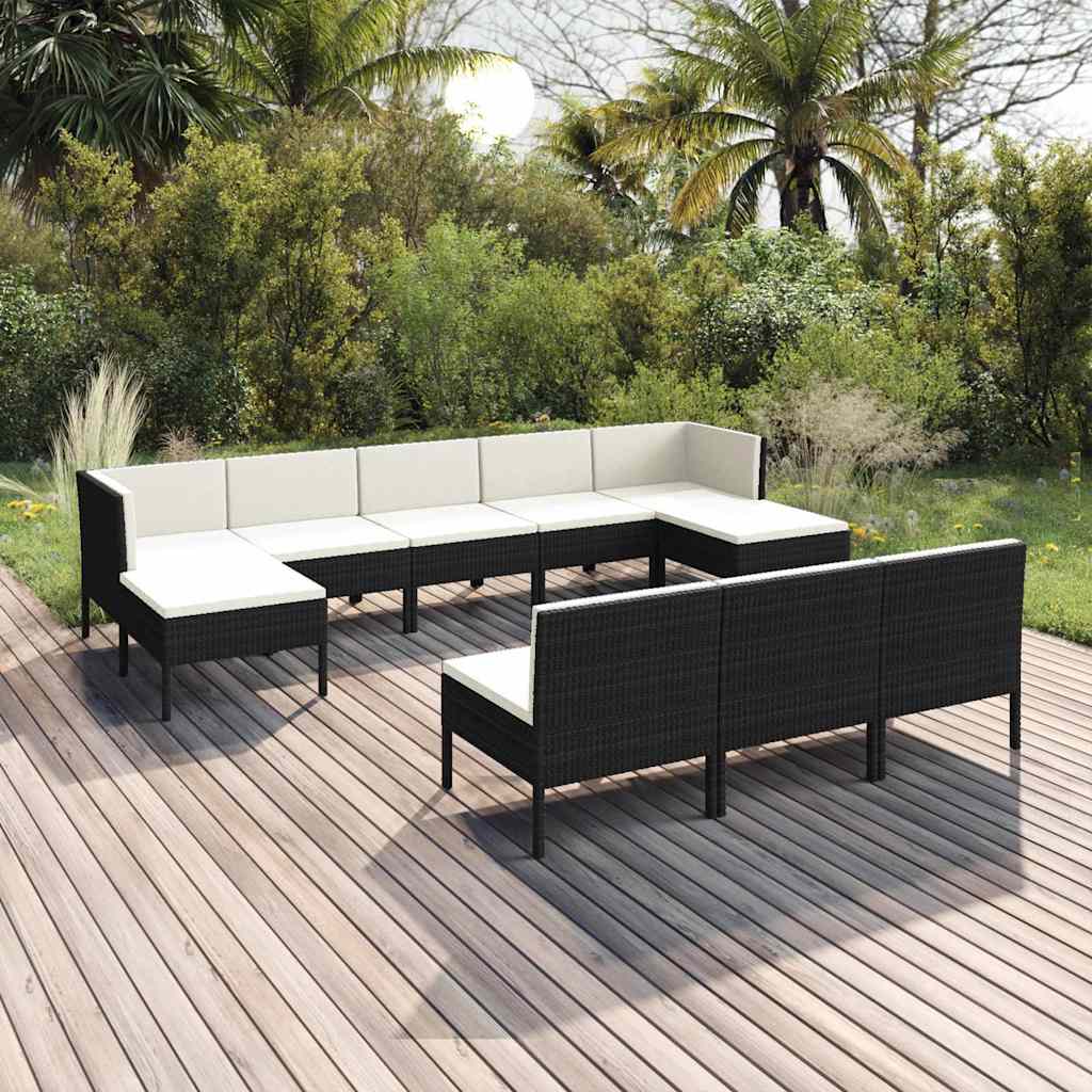 10-tlg. Garten-Lounge-Set mit Auflagen Poly Rattan Schwarz