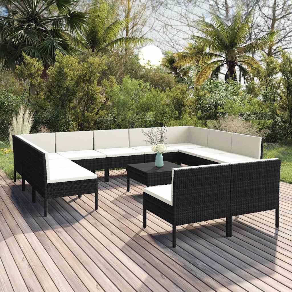 12-tlg. Garten-Lounge-Set mit Auflagen Poly Rattan Schwarz