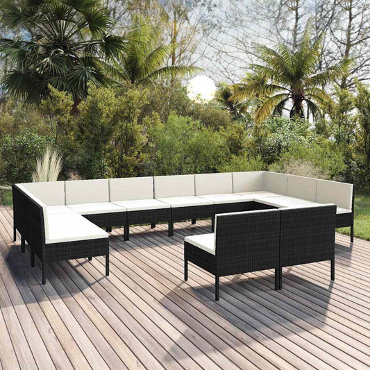 12-tlg. Garten-Lounge-Set mit Auflagen Poly Rattan Schwarz