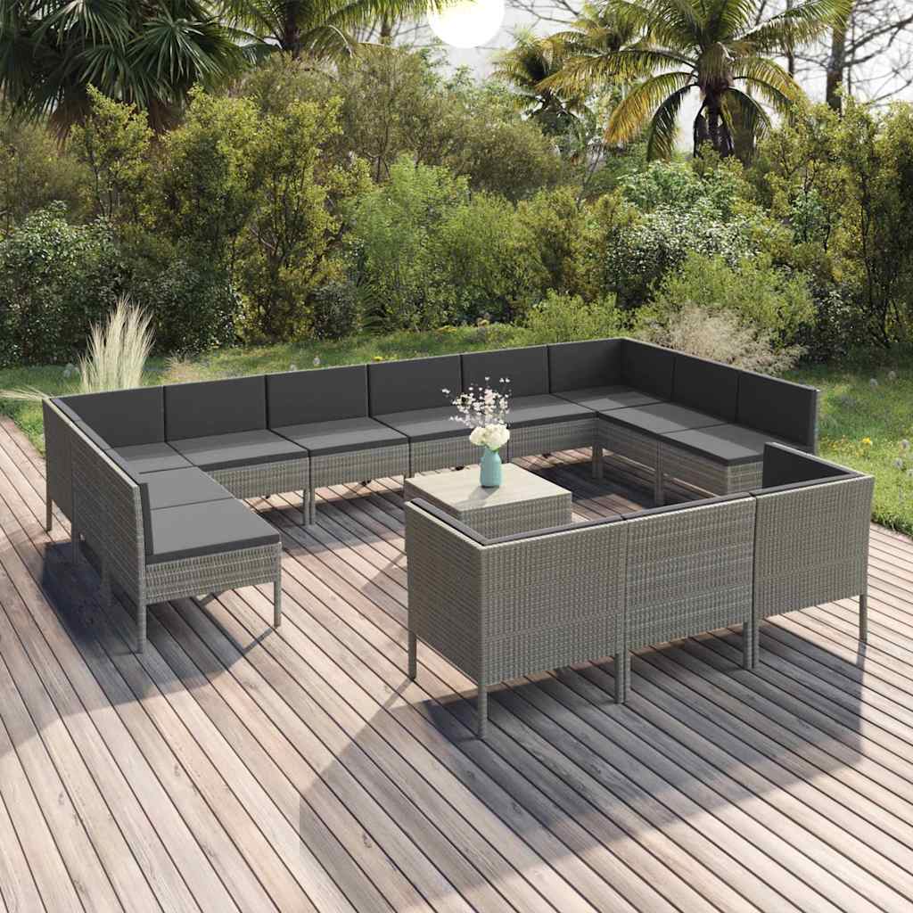 14-tlg. Garten-Lounge-Set mit Auflagen Poly Rattan Grau
