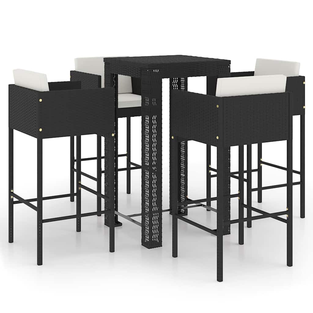 5-tlg. Gartenbar-Set mit Kissen Poly Rattan Schwarz