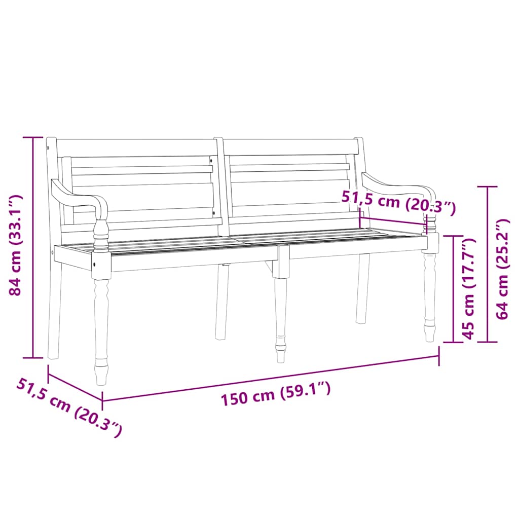 Batavia-Bank mit Kissen Grau Karomuster 150 cm Massivholz Teak
