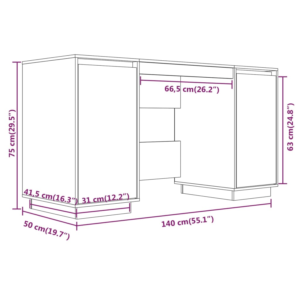 Bureau blanc 140x50x75 cm pin massif