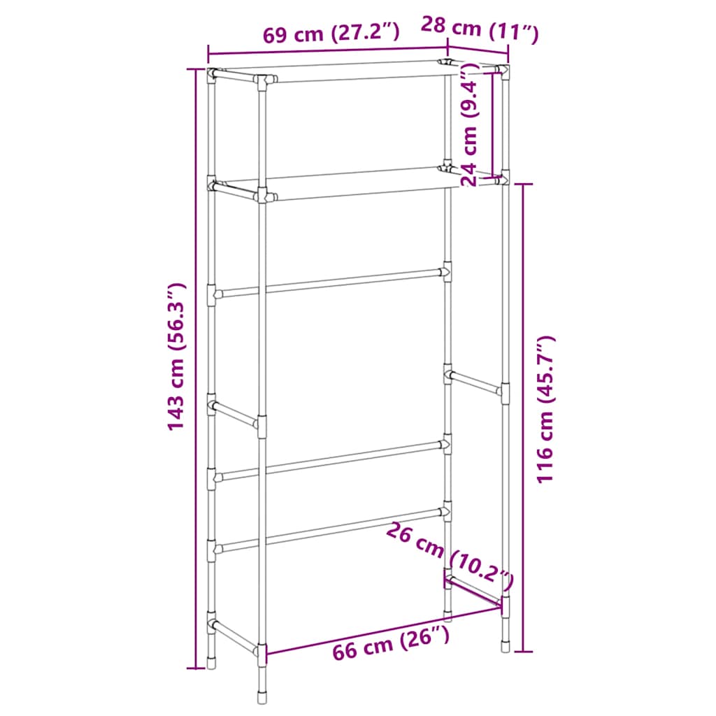Étagère pour machine à laver 2 niveaux Noir 69x28x143 cm Fer