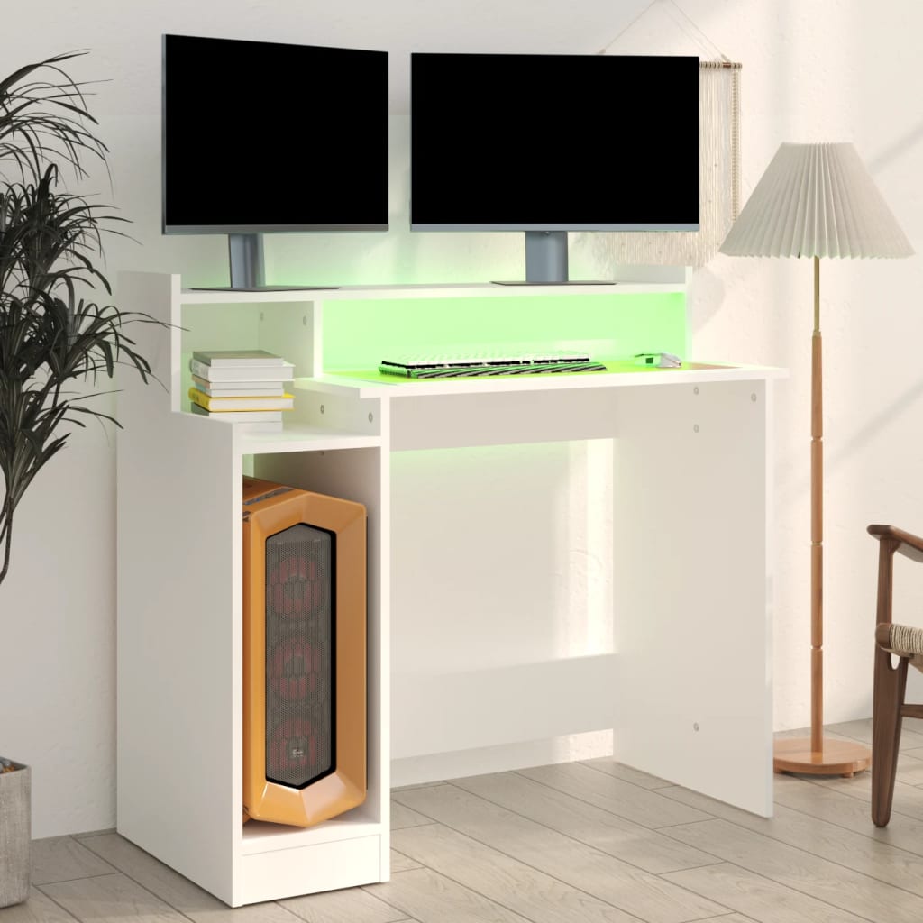 Desk with LED lights White 97x45x90 cm Engineered Wood