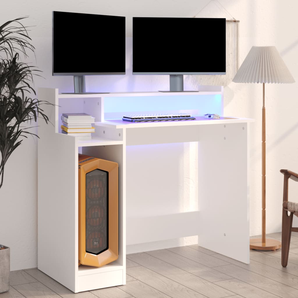 Desk with LED lights White 97x45x90 cm Engineered Wood