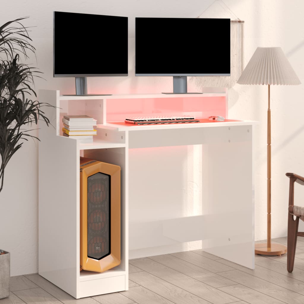 High-Gloss White Desk with LEDs 97x45x90 cm Engineered Wood