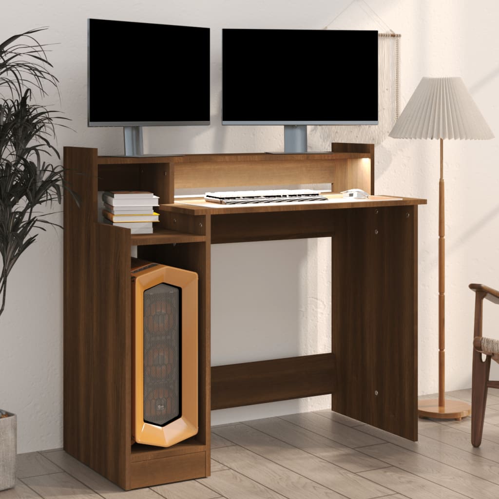 Bureau avec LED marron, aspect chêne 97x45x90 Bois d'ingénierie