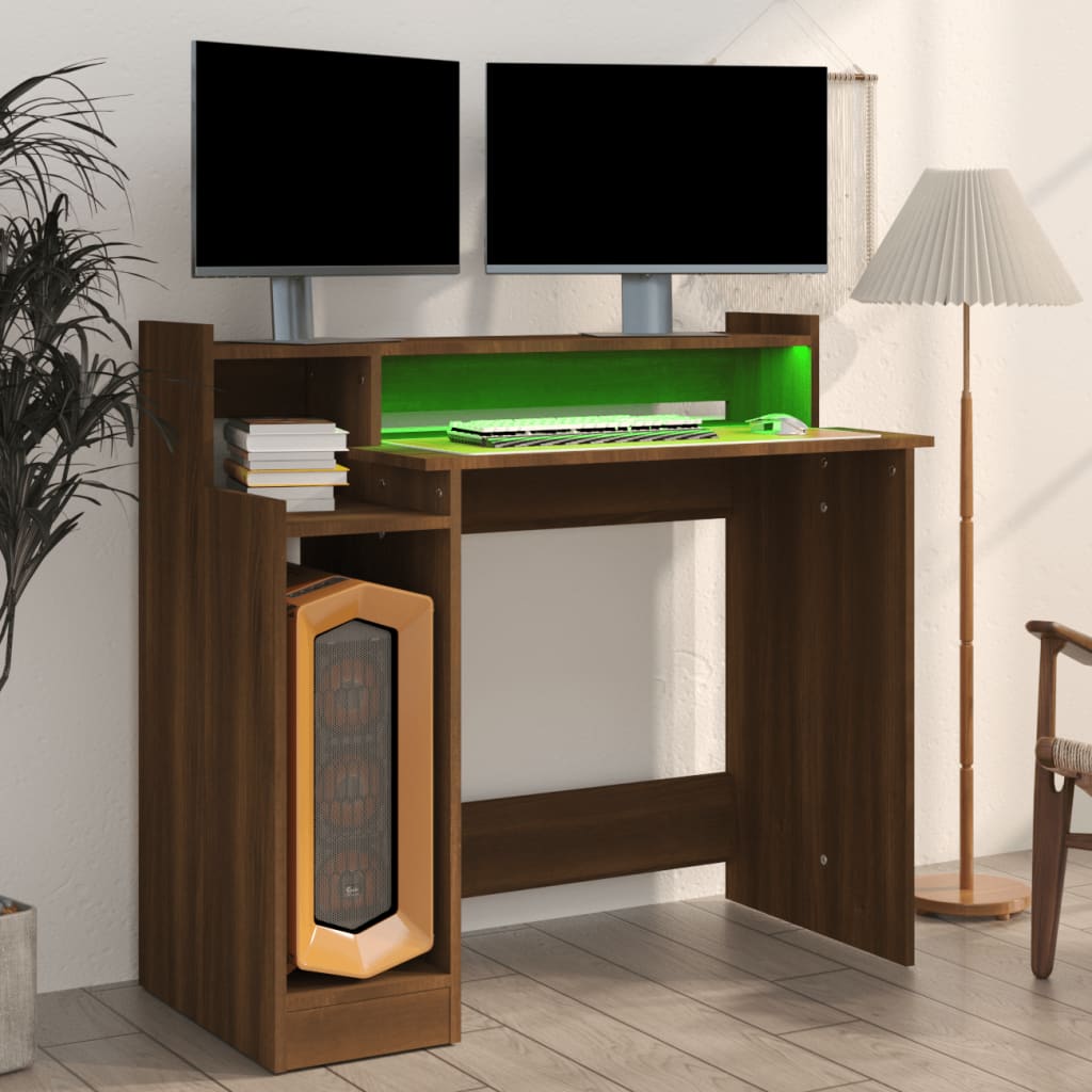 Bureau avec LED marron, aspect chêne 97x45x90 Bois d'ingénierie