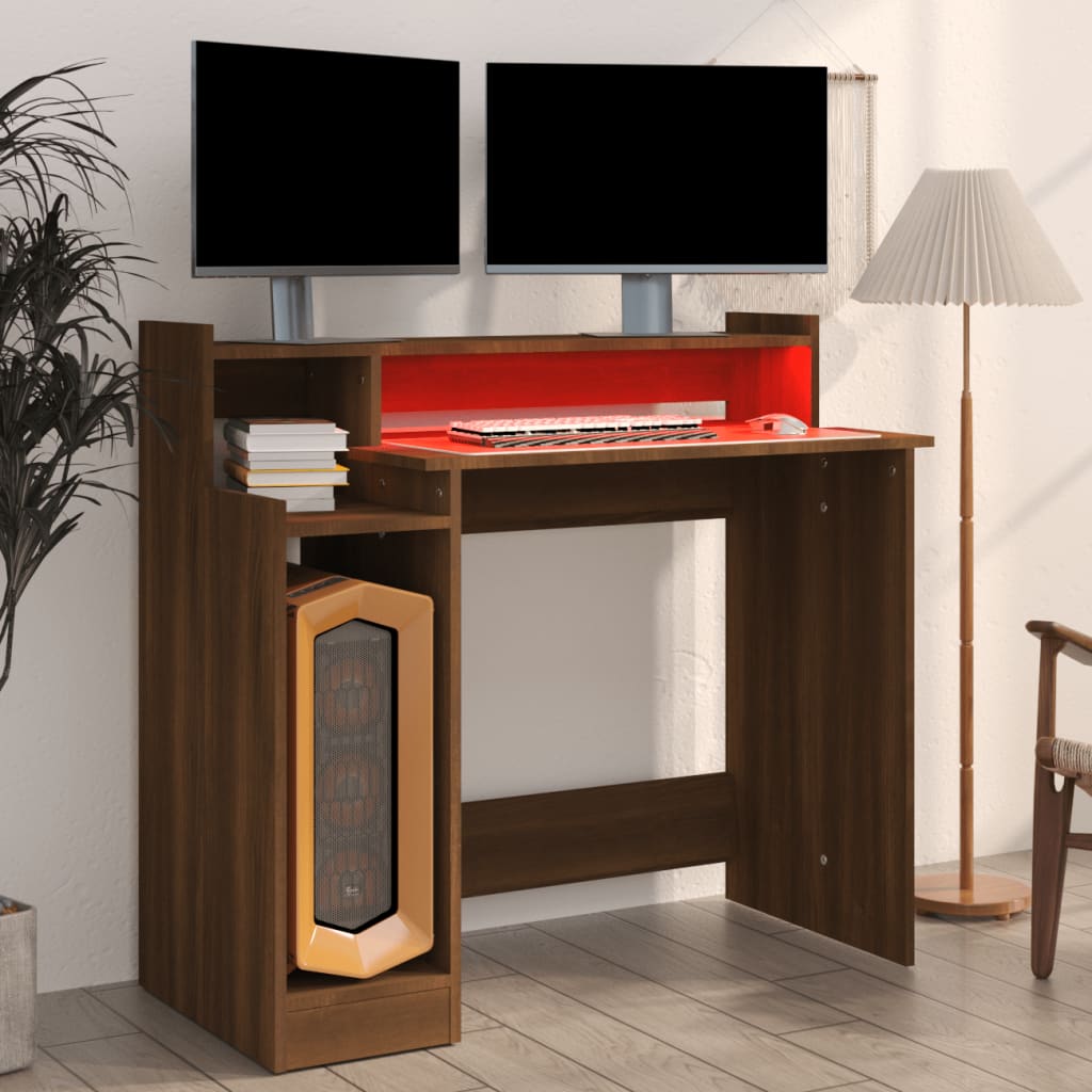 Bureau avec LED marron, aspect chêne 97x45x90 Bois d'ingénierie