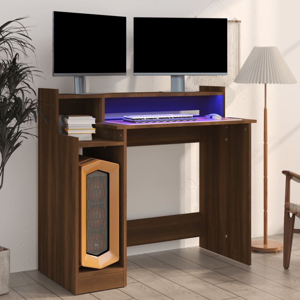 Bureau avec LED marron, aspect chêne 97x45x90 Bois d'ingénierie