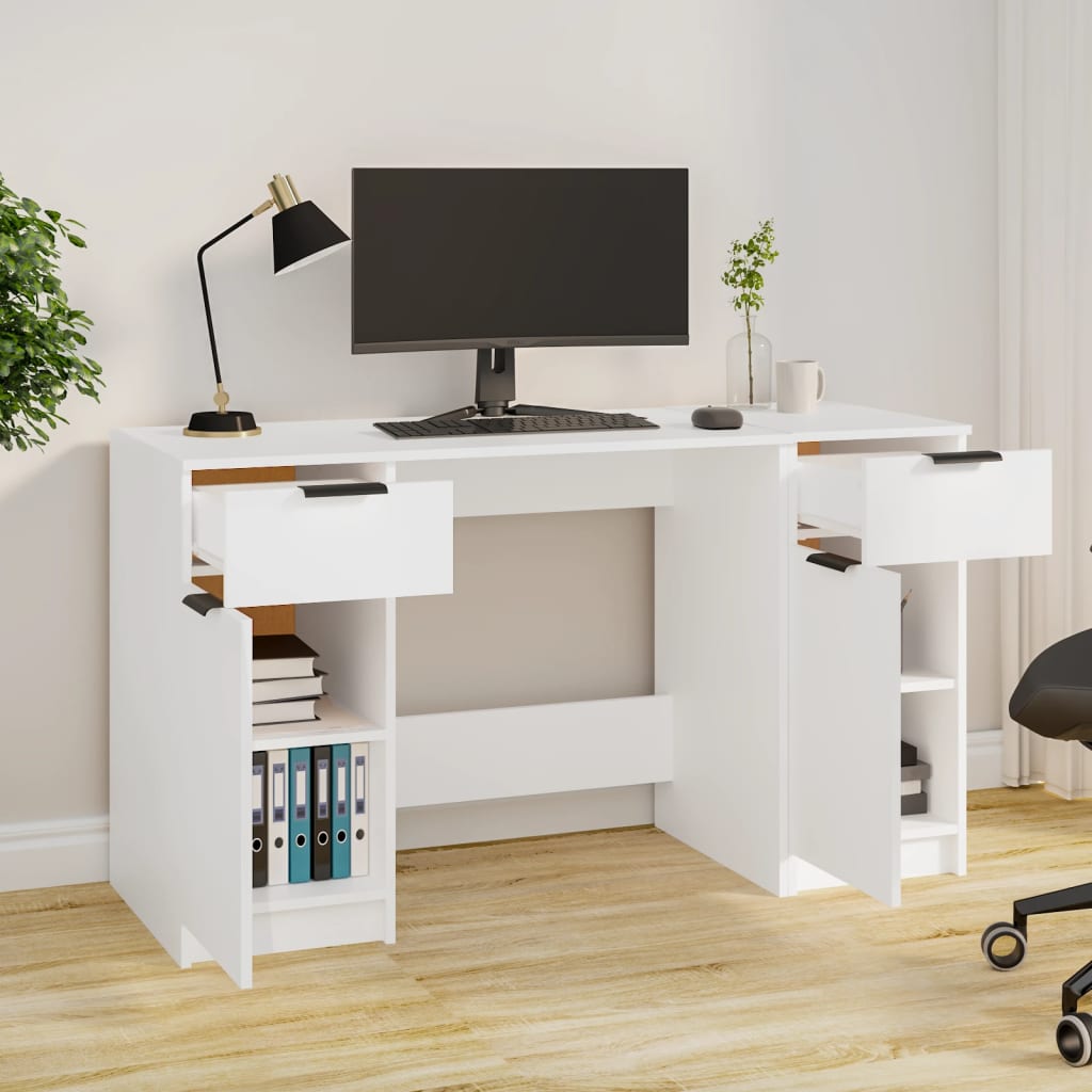 Desk with Pedestal Cabinet White Engineered Wood