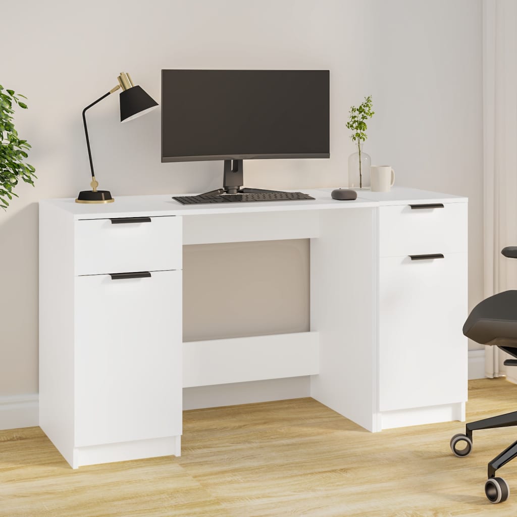 Desk with Pedestal Cabinet White Engineered Wood