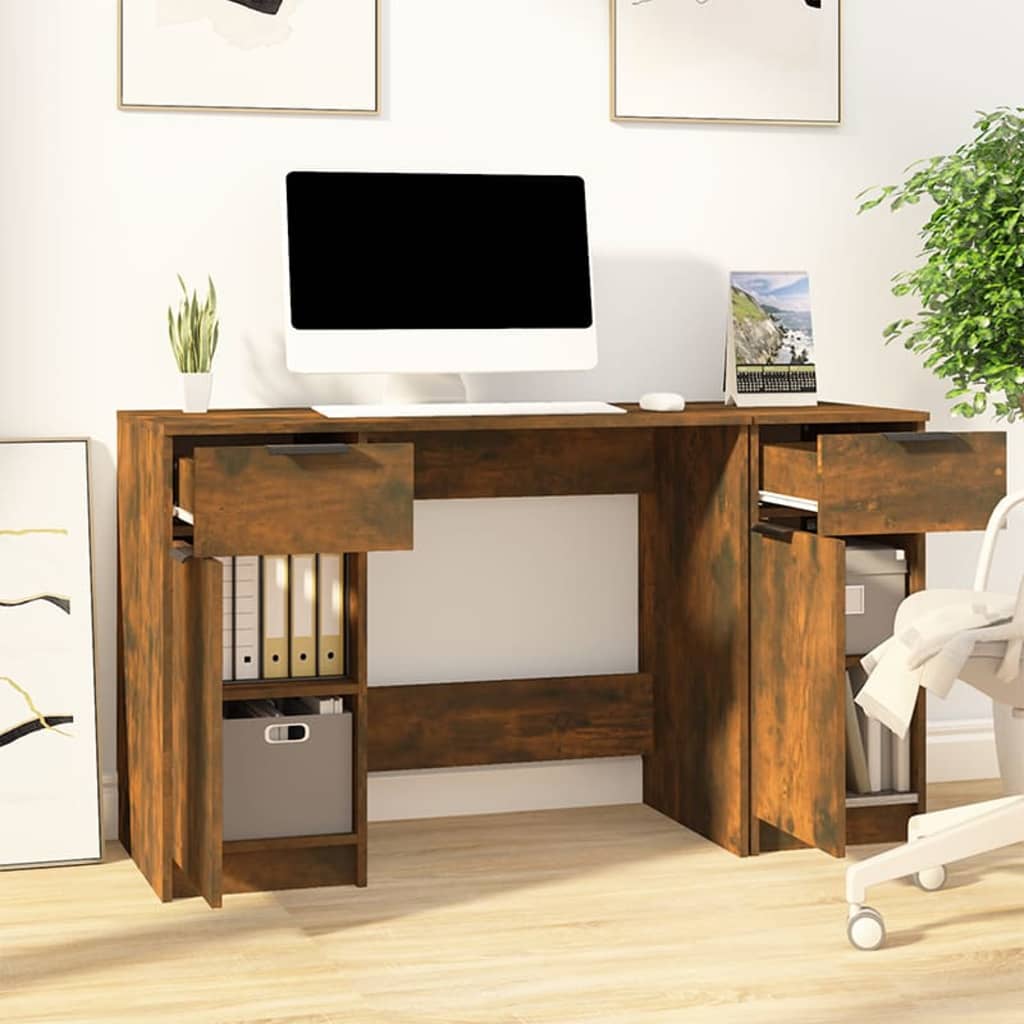 Bureau avec caisson en chêne fumé, panneaux de particules de bois