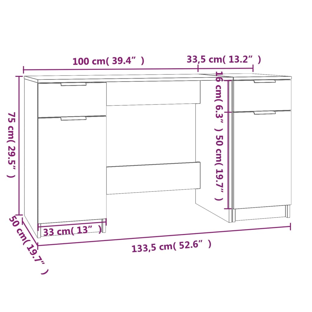 Bureau avec caisson en chêne fumé, panneaux de particules de bois