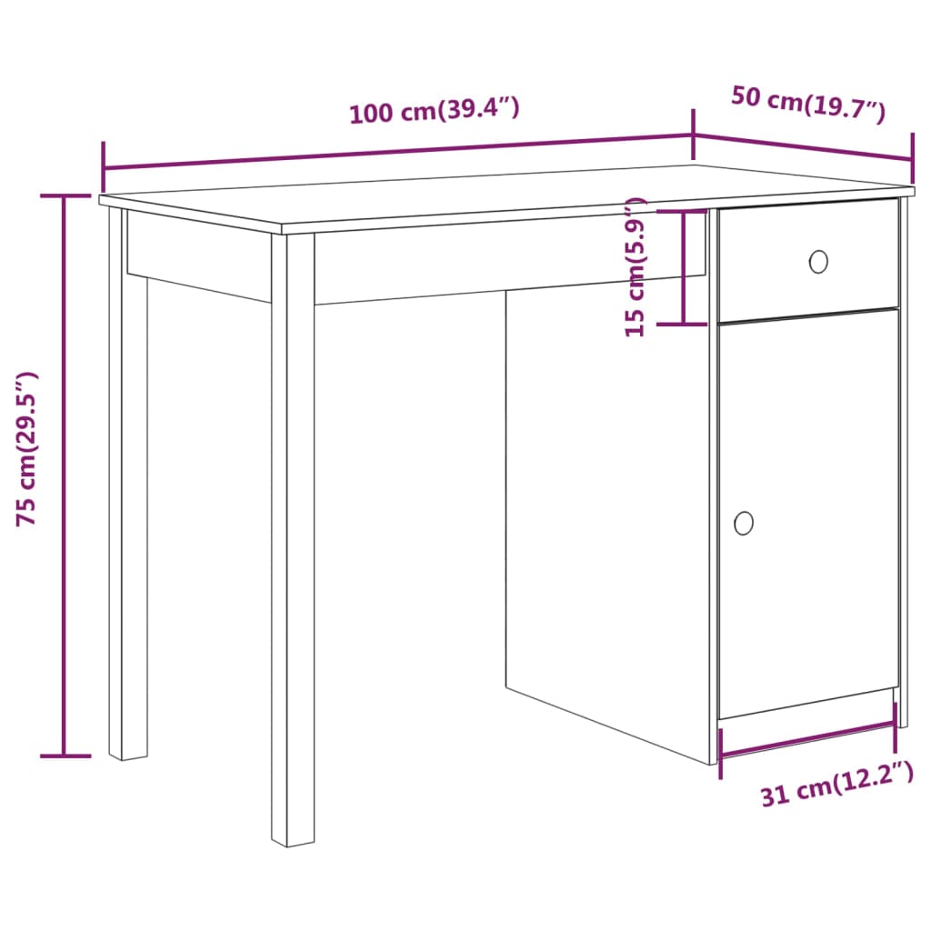 Desk White 100x50x75 cm Solid Pine