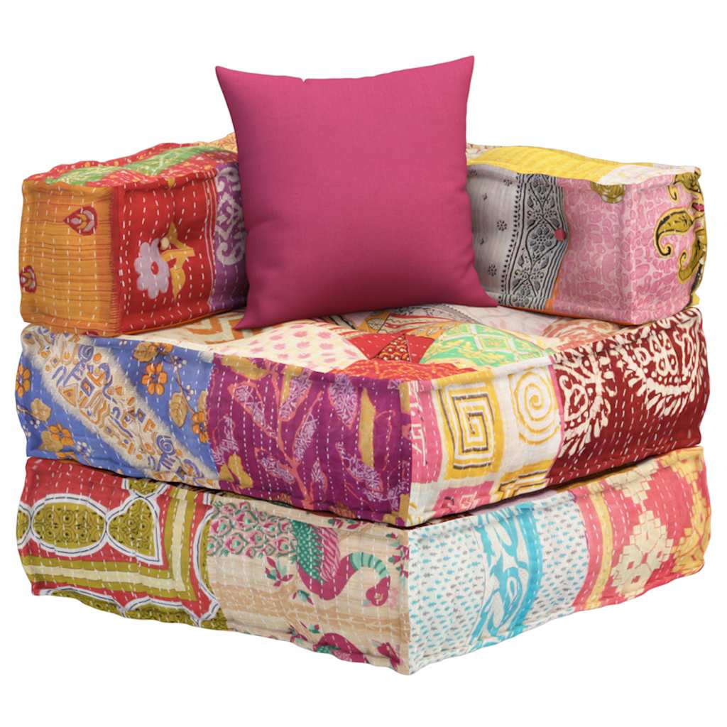 Modular ottoman with cushions, patchwork fabric