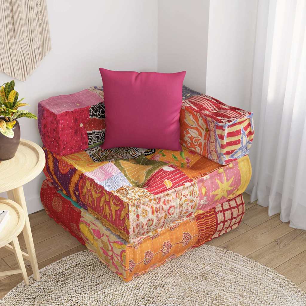 Modular ottoman with cushions, patchwork fabric