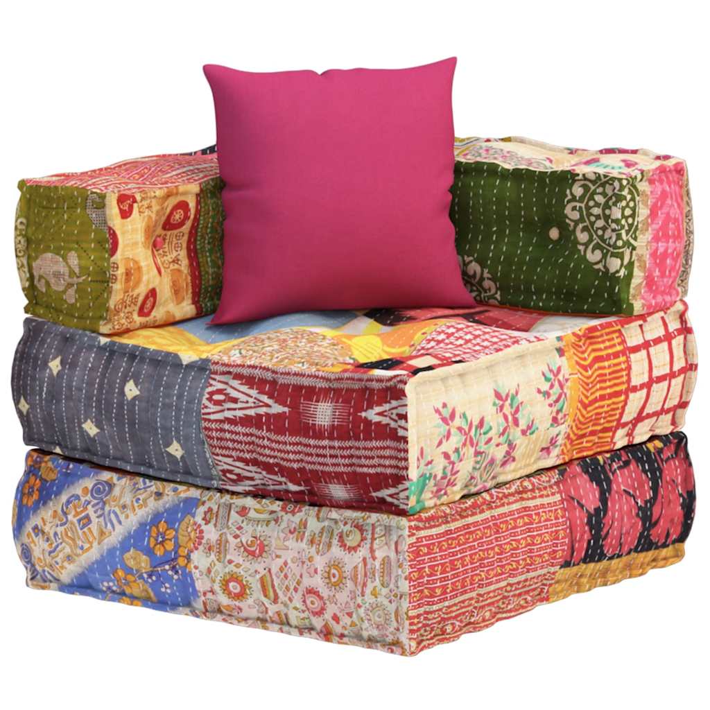 Modular ottoman with cushions, patchwork fabric