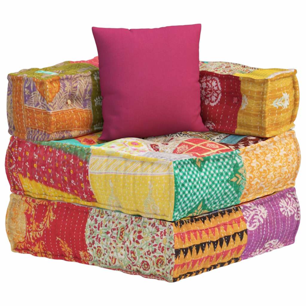 Modular ottoman with cushions, patchwork fabric