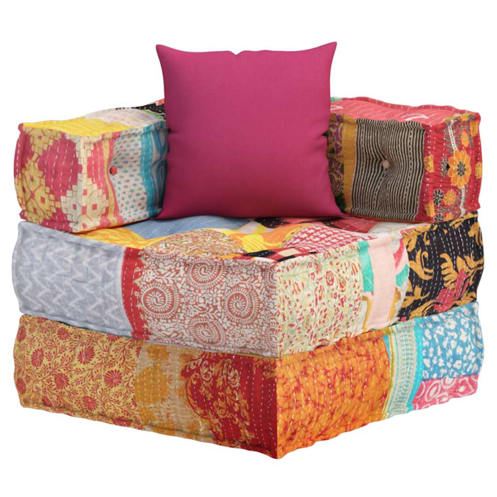 Modular ottoman with cushions, patchwork fabric