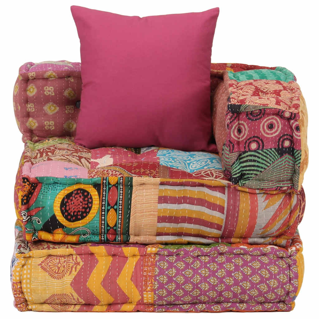 Modular ottoman with cushions, patchwork fabric