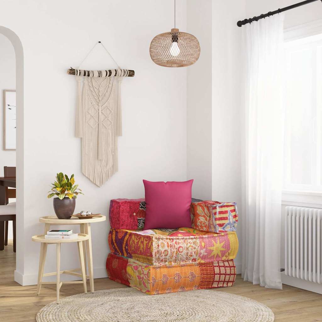 Modular ottoman with cushions, patchwork fabric