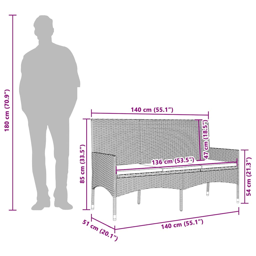 Gartenbank 3-Sitzer mit Kissen Schwarz Poly Rattan