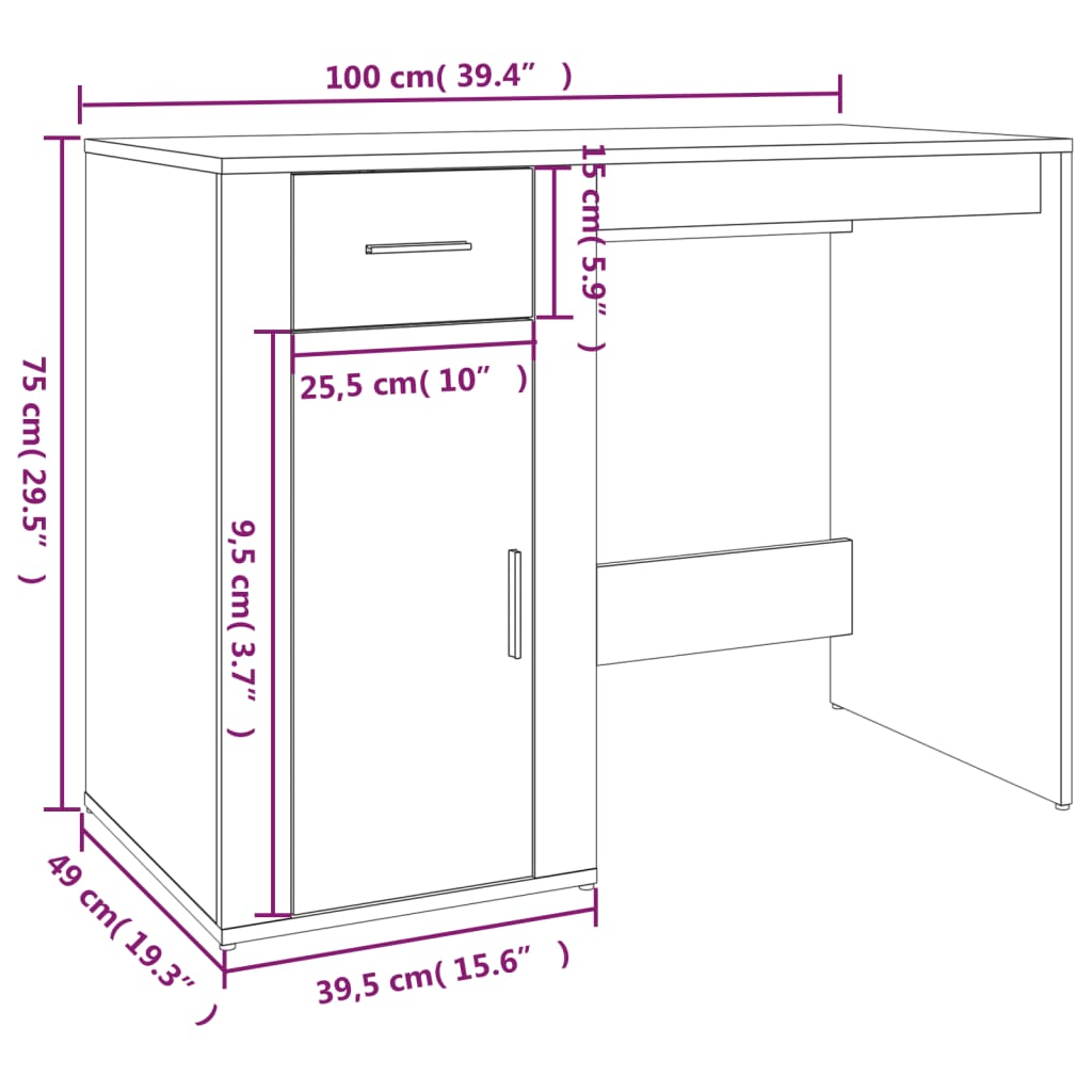 Bureau chêne fumé 100x49x75 cm matériau à base de bois
