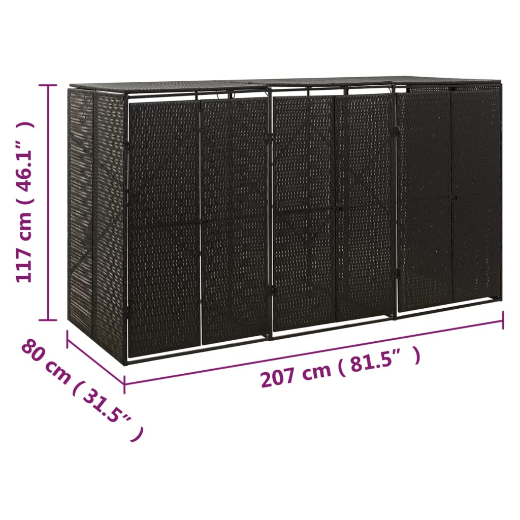 Wheelie Bin Shed for 3 Bins Black 207x80x117 cm Poly Rattan