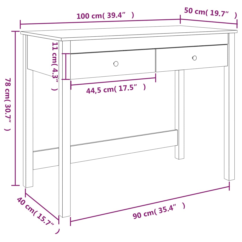 Bureau avec tiroirs Blanc 100x50x78 cm Pin massif