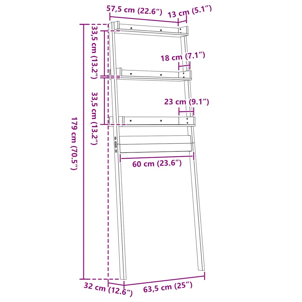 Étagère de toilette gris 63,5x32x179 cm pin massif