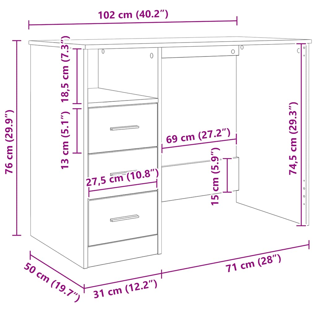 Desk with drawers concrete gray 102x50x76cm engineered wood