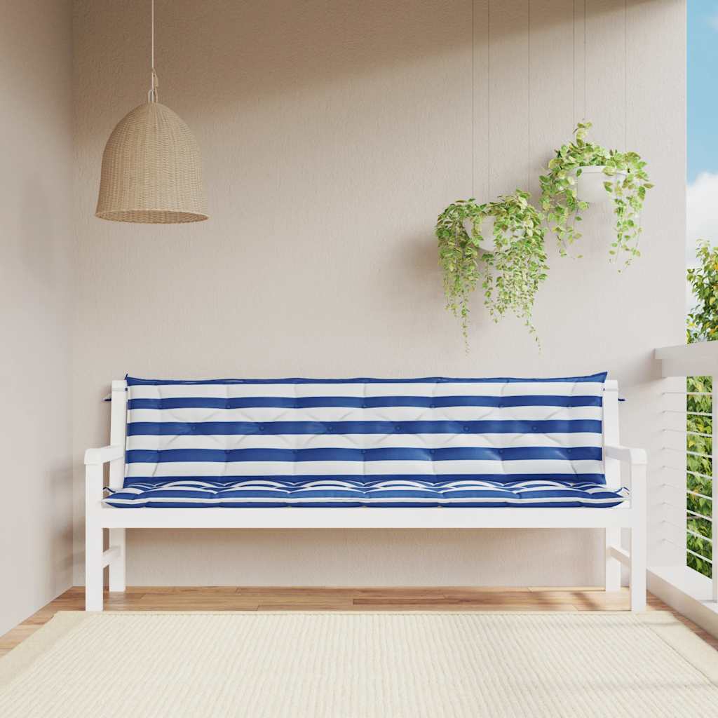 Garden bench cushions, 2 pcs, blue & white striped, 200x50x7cm, fabric