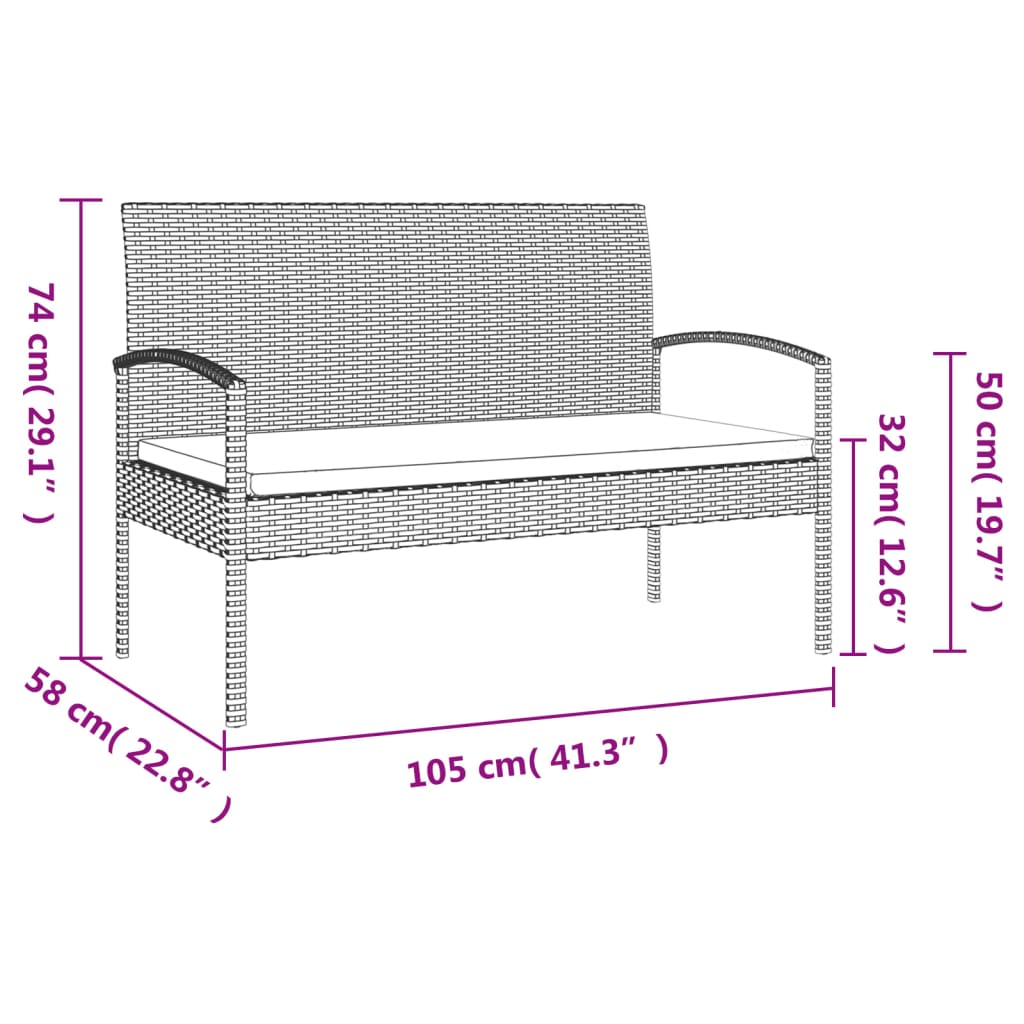 Gartenbank mit Kissen Schwarz 105 cm Poly Rattan
