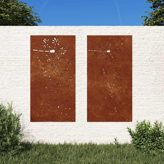 Décoration murale de jardin 2 pièces 105x55 cm en acier Corten motif floral