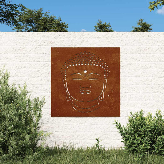 Décoration murale de jardin 55x55 cm Tête de Bouddha en acier Corten