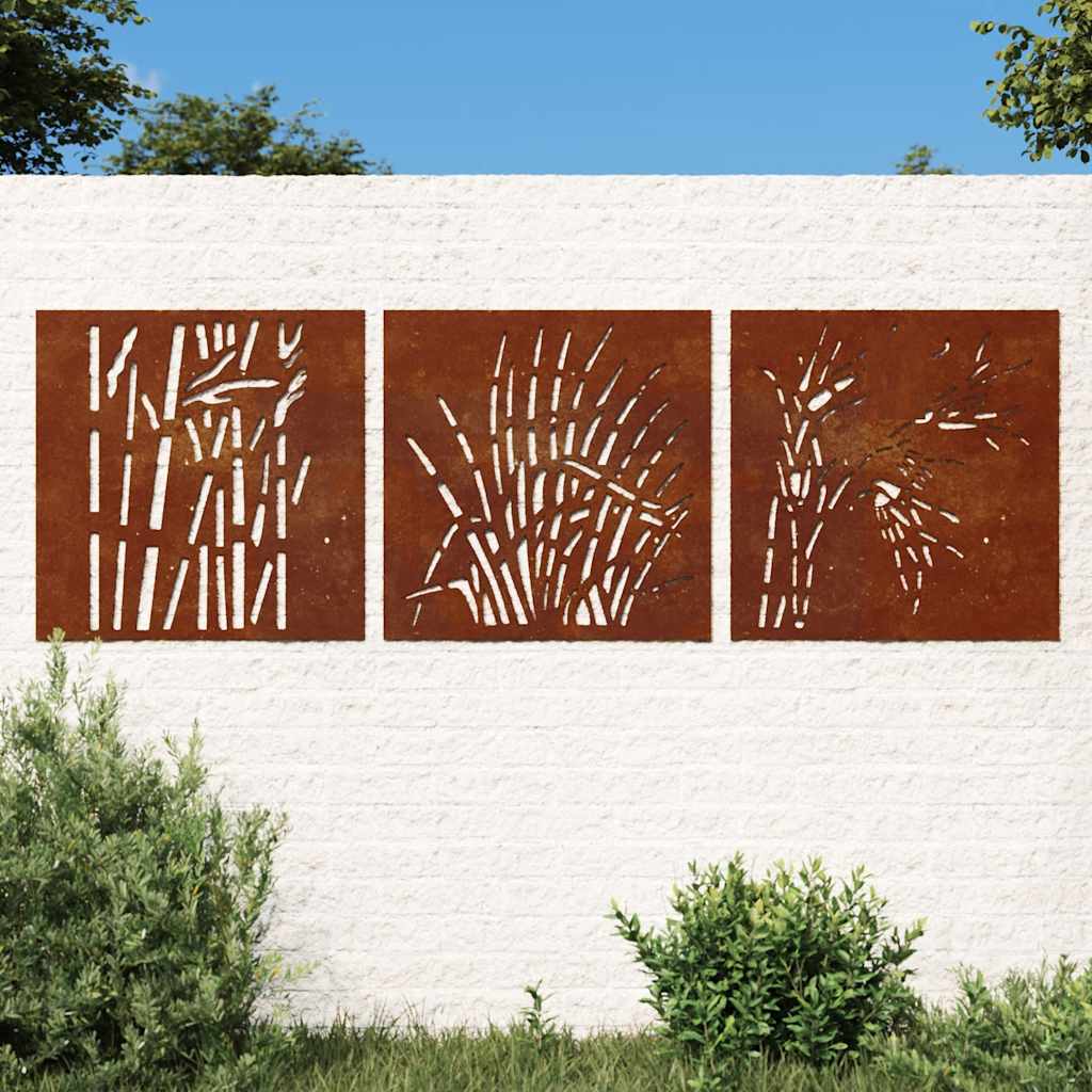 3-tlg. Garten-Wanddeko 55x55 cm Cortenstahl Gras-Design