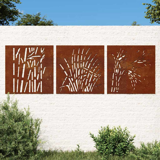 Décoration murale de jardin 3 pièces 55x55 cm en acier Corten motif herbe