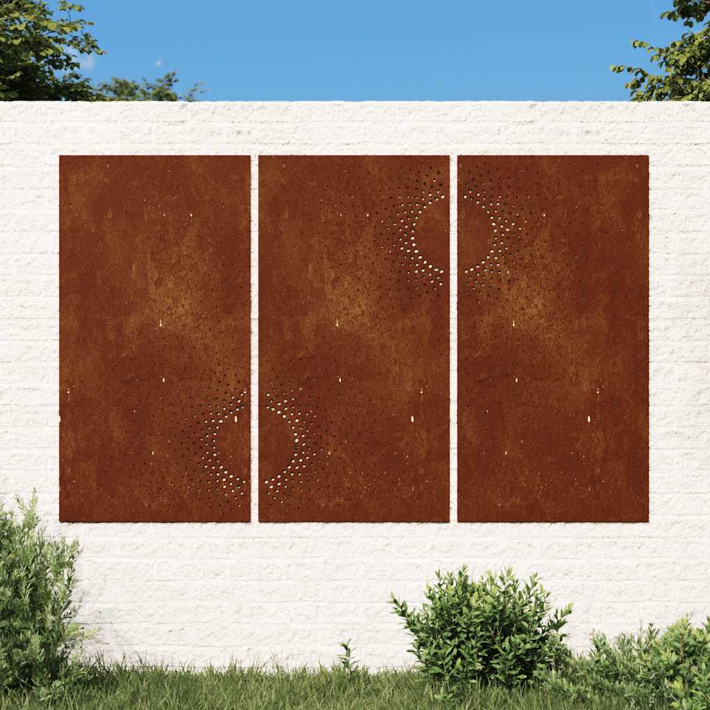 Décoration murale de jardin 3 pièces 105x55 cm en acier Corten design soleil