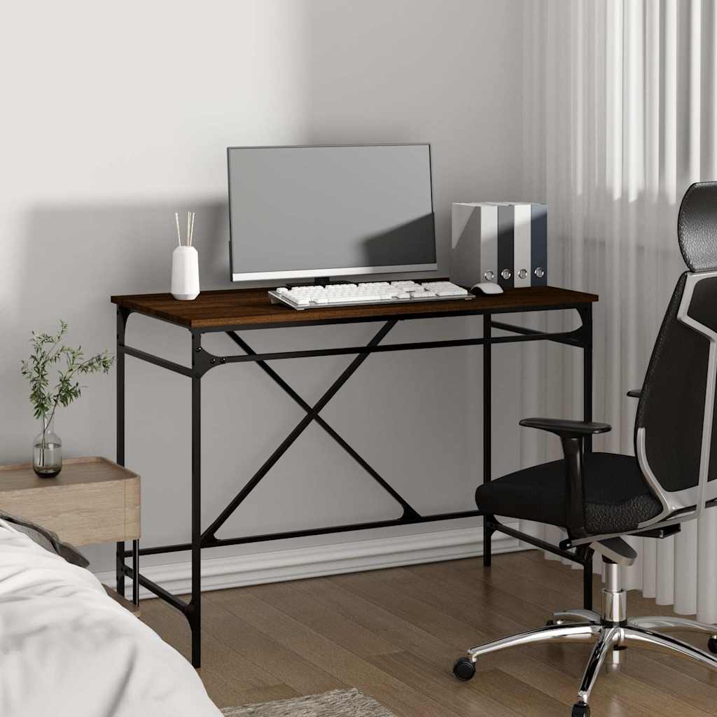 Desk Brown Oak Finish 100x50x75cm Engineered Wood Iron