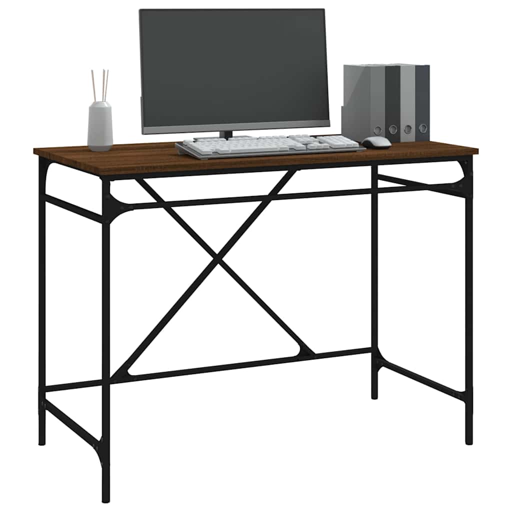 Desk Brown Oak Finish 100x50x75cm Engineered Wood Iron