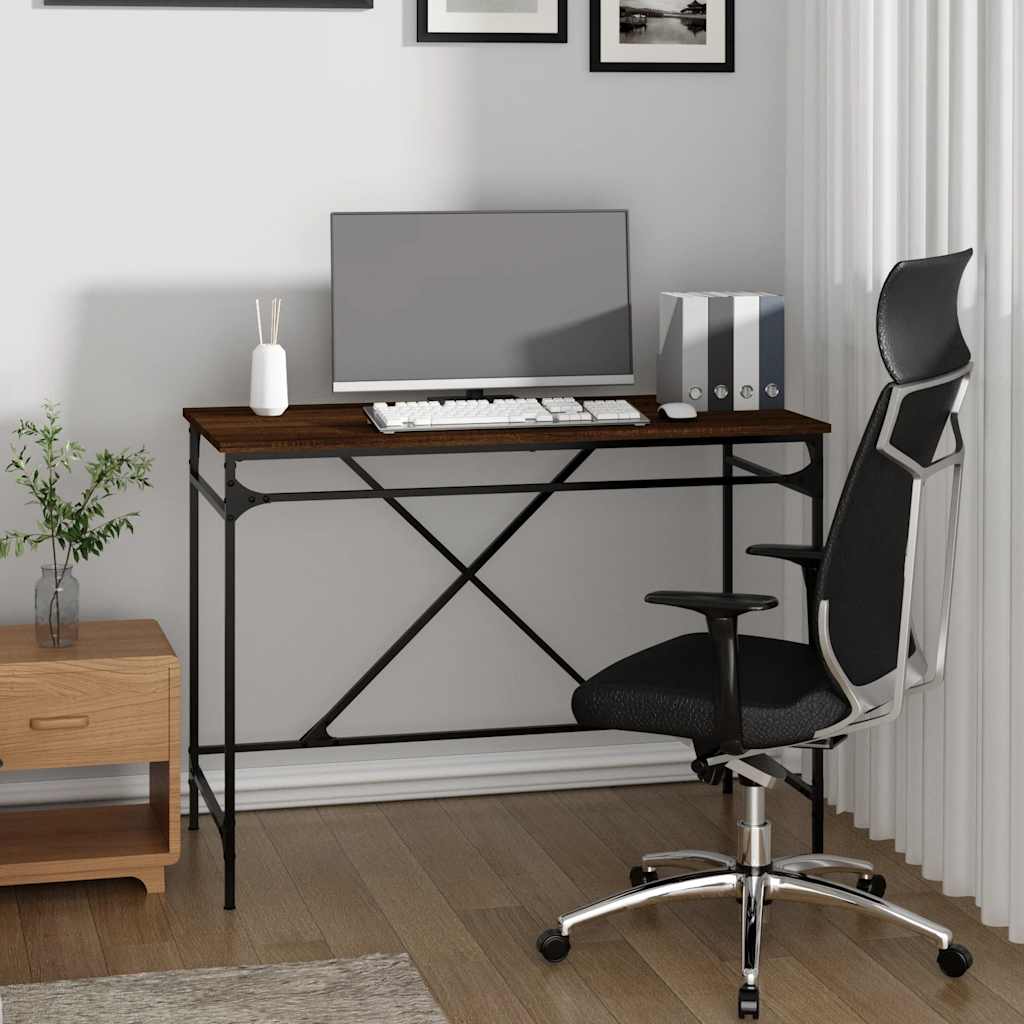 Desk Brown Oak Finish 100x50x75cm Engineered Wood Iron