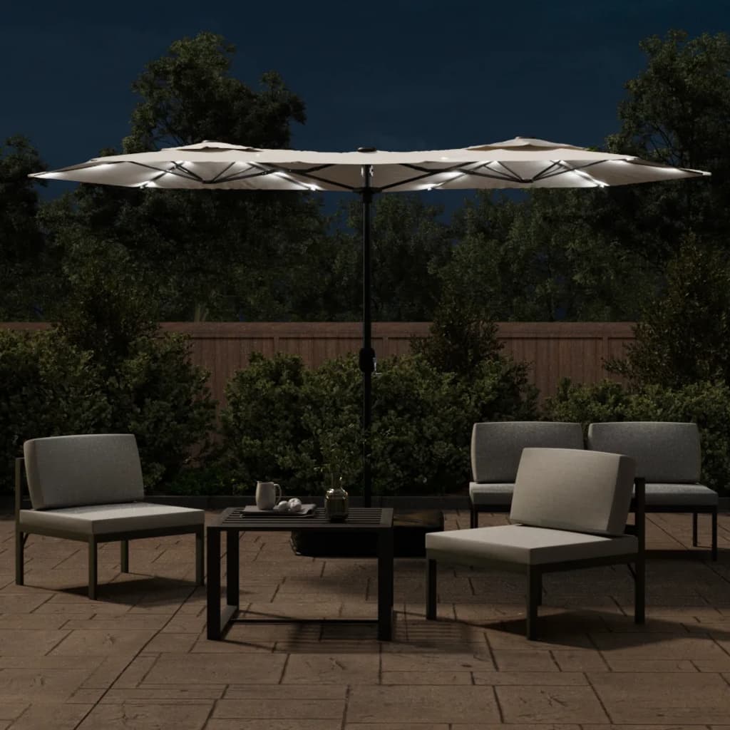 Doppel-Sonnenschirm mit LED-Leuchten Sandweiß 316x145 cm