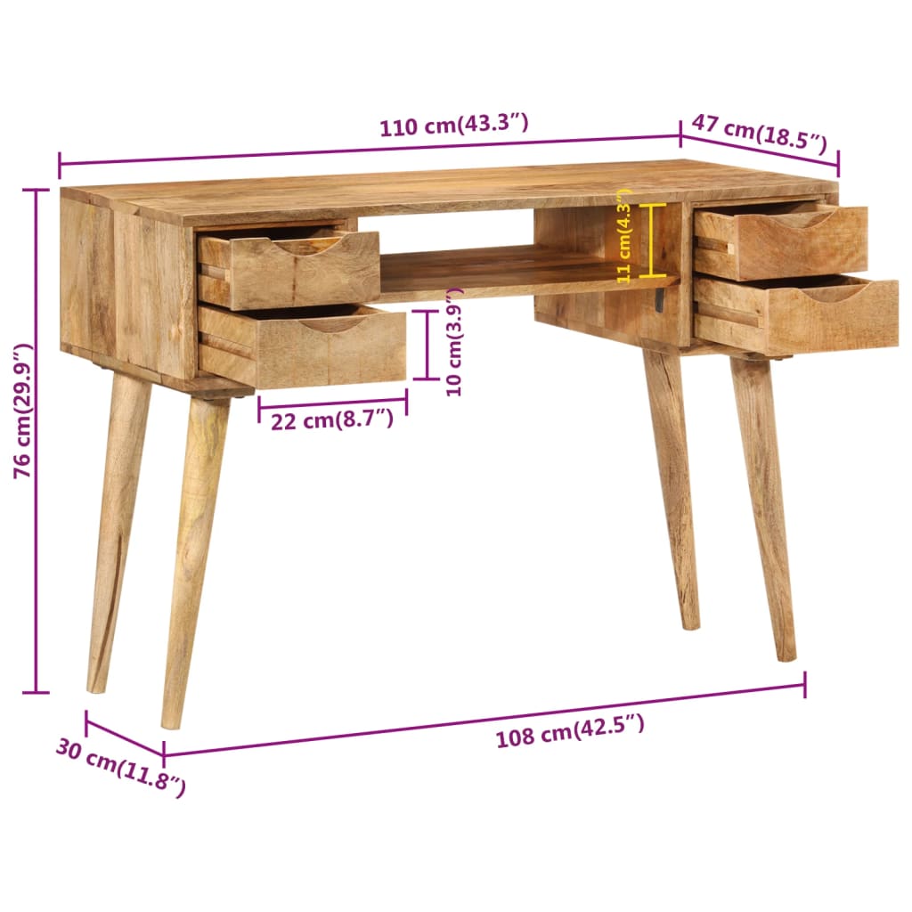 Bureau avec tiroirs 110x47x76 cm Bois massif Manguier