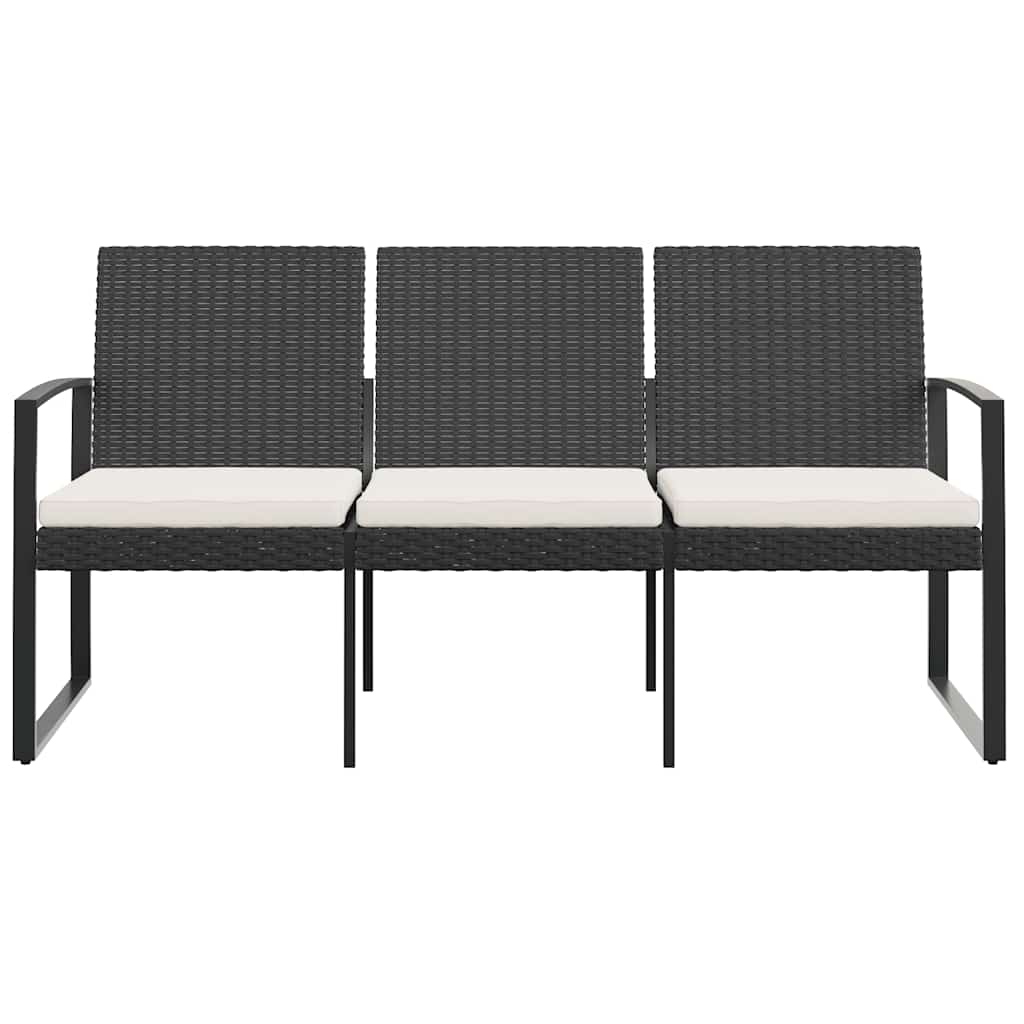 Gartenbank 3-Sitzer mit Kissen Schwarz PP-Rattan
