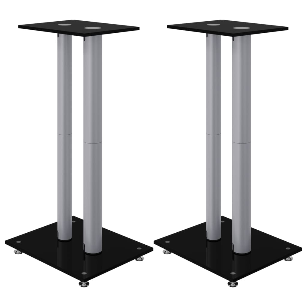 Supports d'enceintes 2 pcs Noir et argent Verre trempé 2 colonnes
